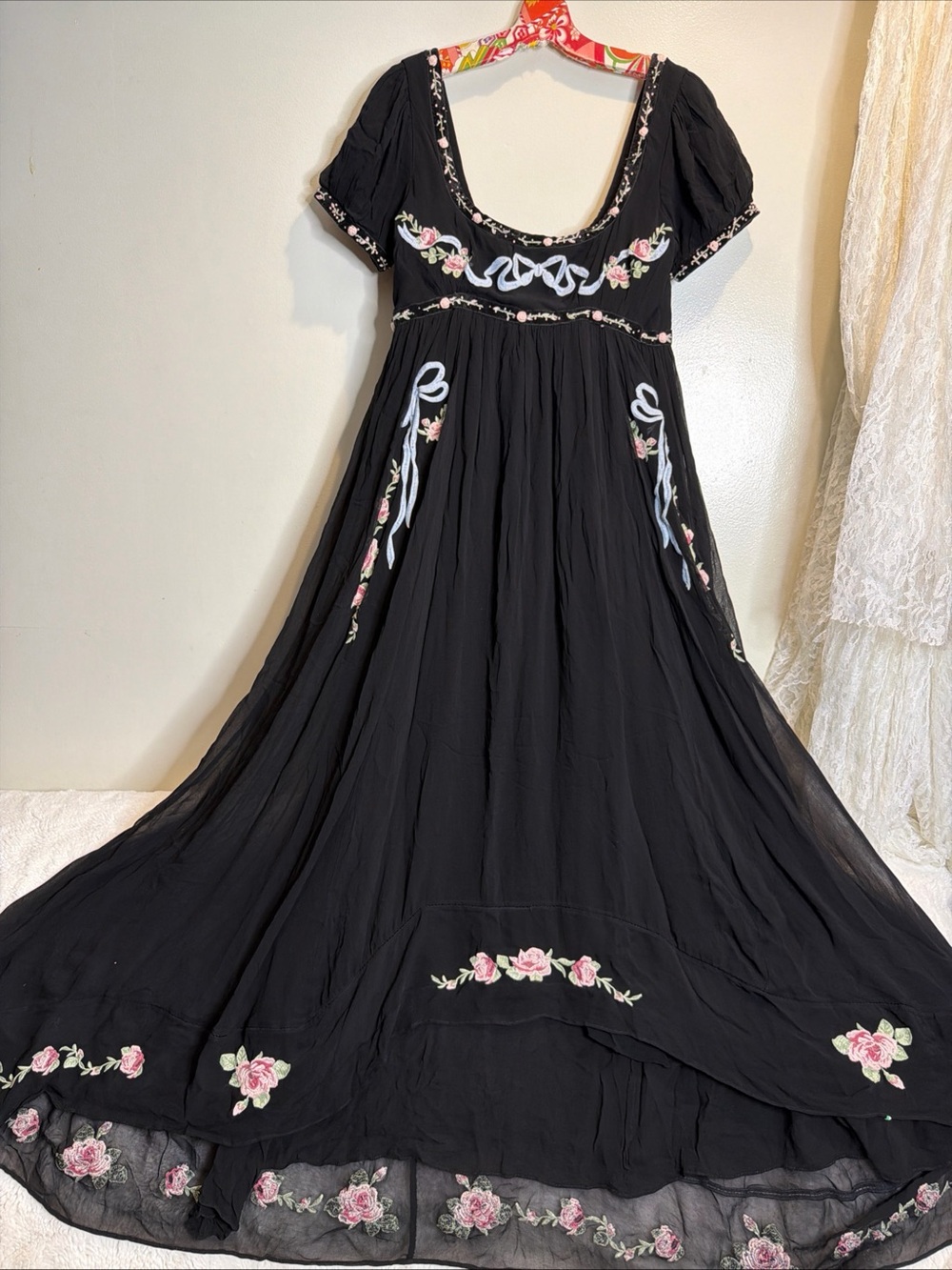 For Love & Lemons Rosemarie Embroidered Floral Bows Coquette Beaded Maxi Dress M - Picture 6 of 12